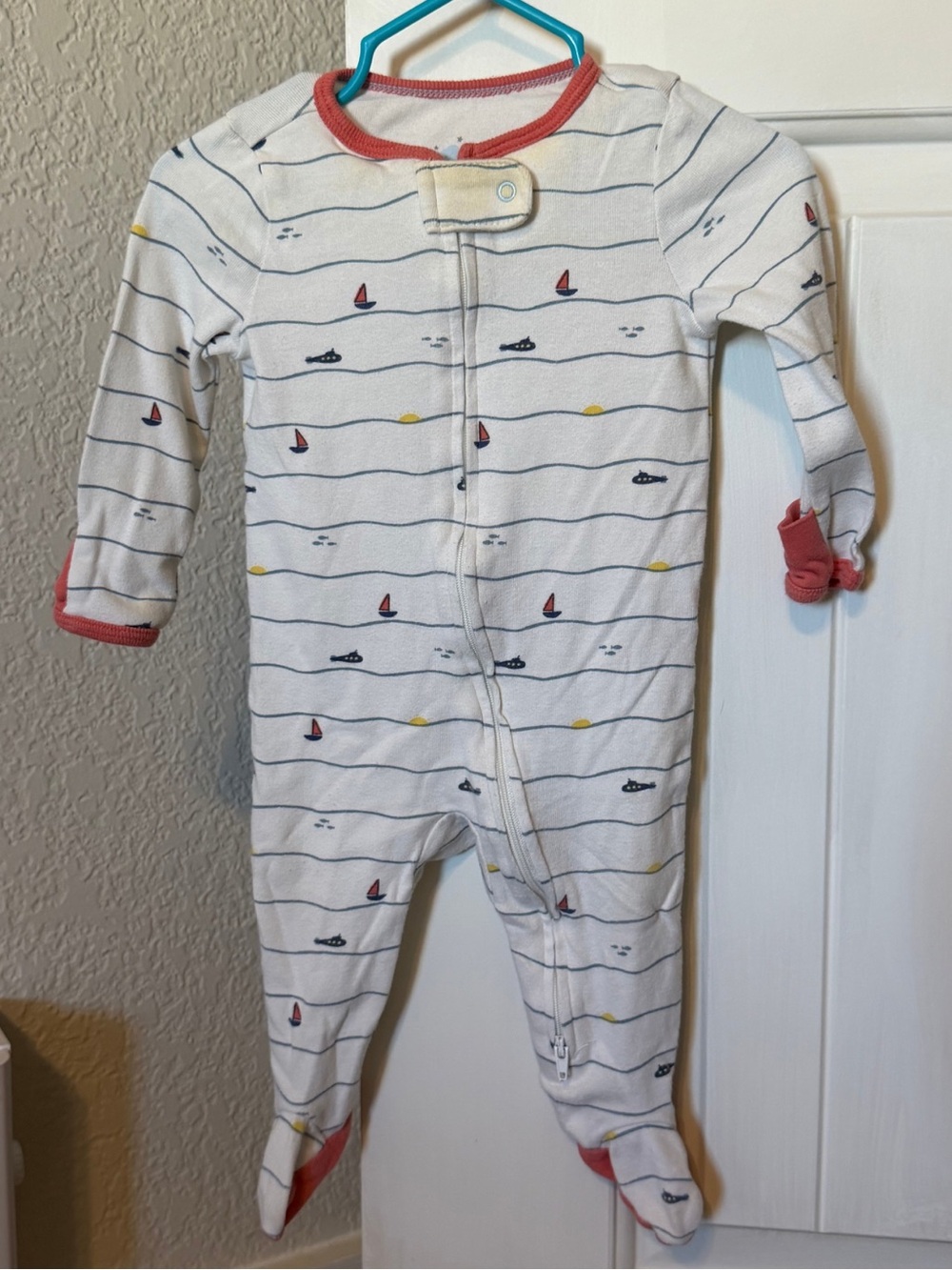 cloud island White Footed One-Piece with Navy Stripe and Coral Trim 3-6M